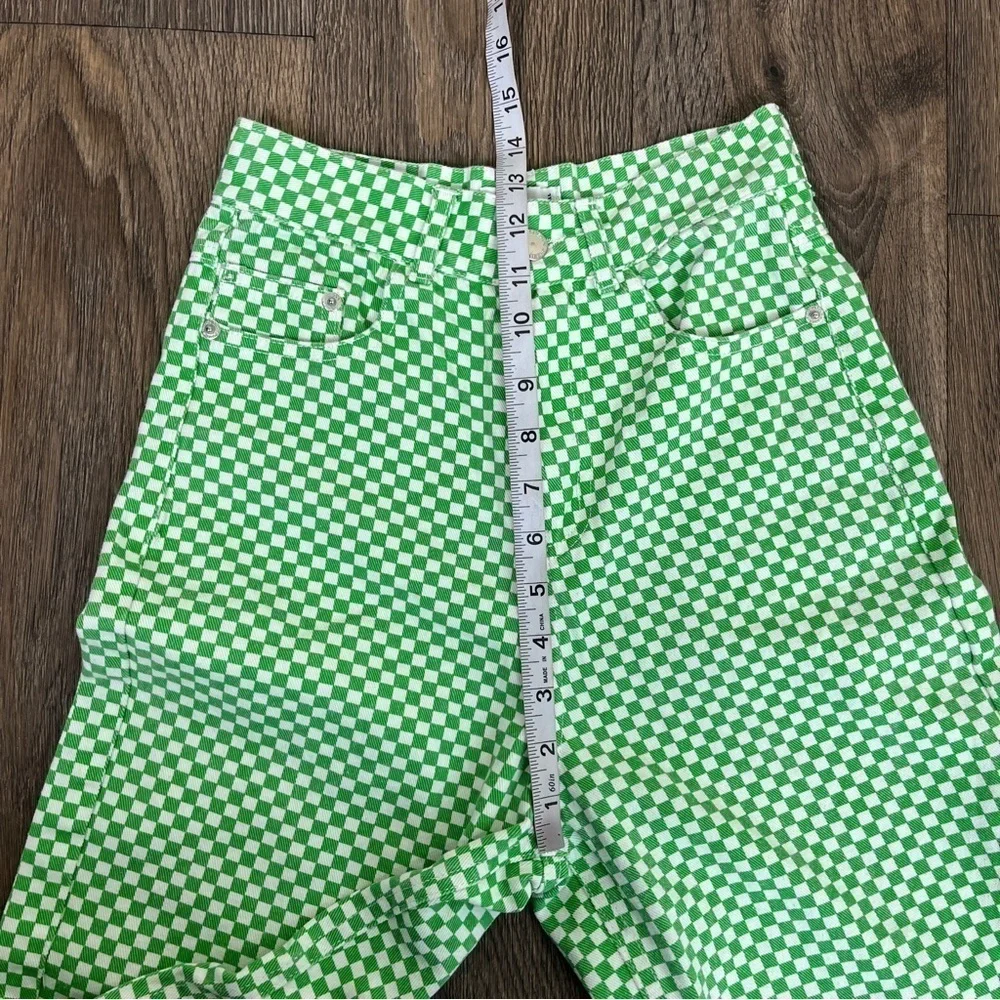Shekou Women Size XS Linen Green Checkered Straight Leg High Waisted Trousers